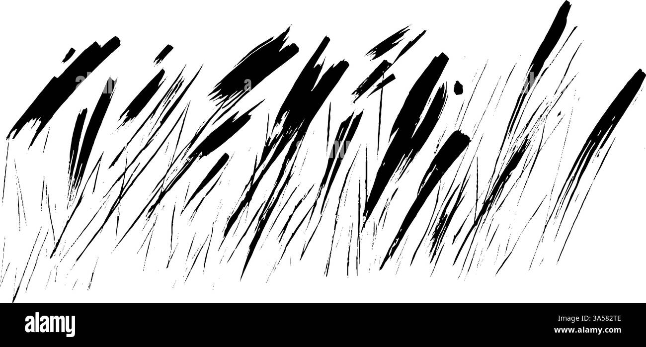 Eine stilisierte Illustration von Grashalmen in Schwarz-weiß mit dynamischen Pinselstrichen, die ein Gefühl von Bewegung und Textur erzeugen. Stock Vektor