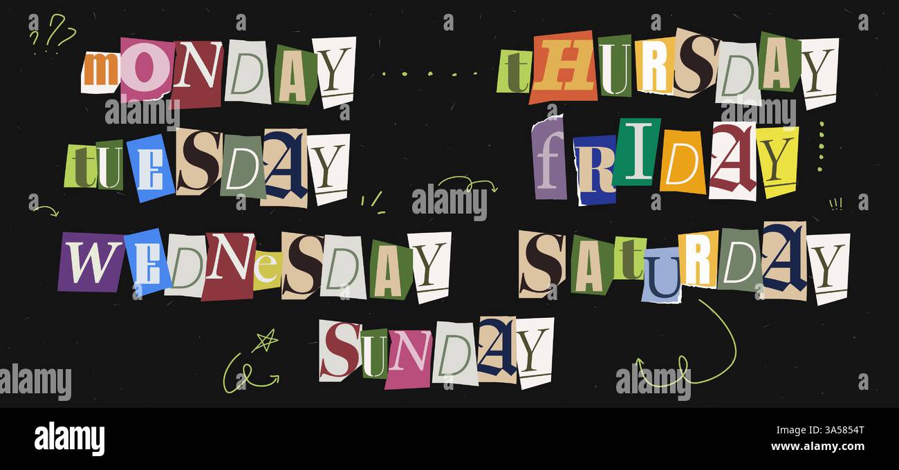 Satz von Wochentagen für Scrapbooking. Schneiden Sie die Tage der Papierwoche aus. Vintage-Zeitschriftenelemente für To-do-Liste. Flippige Wörter. Vektor-Grunge-Illustrationen. Stock Vektor