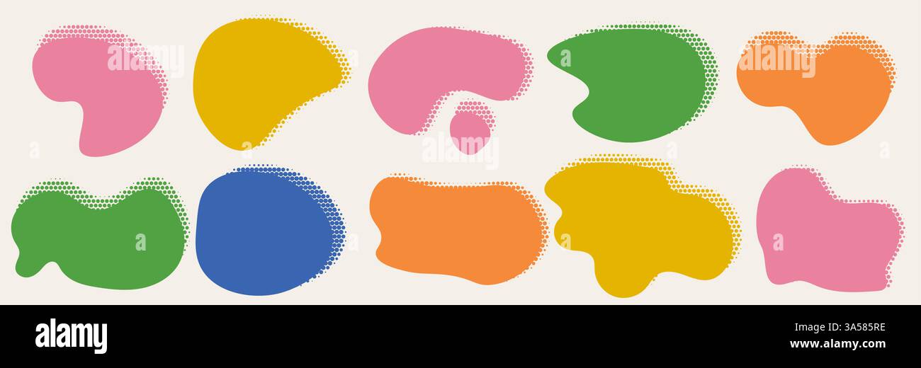 Sammlung ogranischer Popart-Blob-Formen. Flache flüssige Formen. Retro-Vektorelemente. Abstrakte, abgerundete Banner mit gepunktetem Halbton. Platz für Stock Vektor