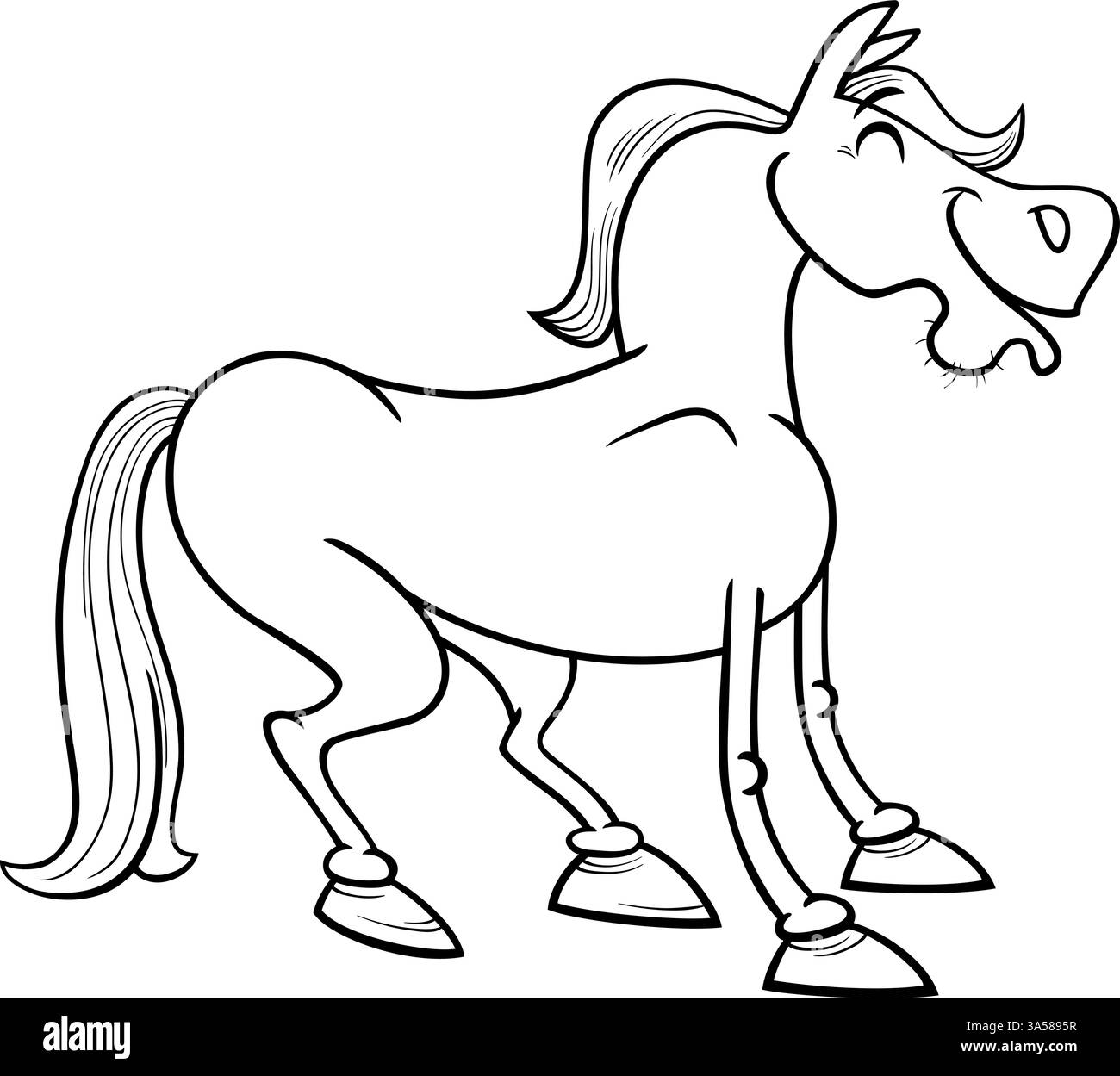 Zeichentrickillustration der glücklichen braunen Pferdefarm Tierfigur Malseite Stock Vektor