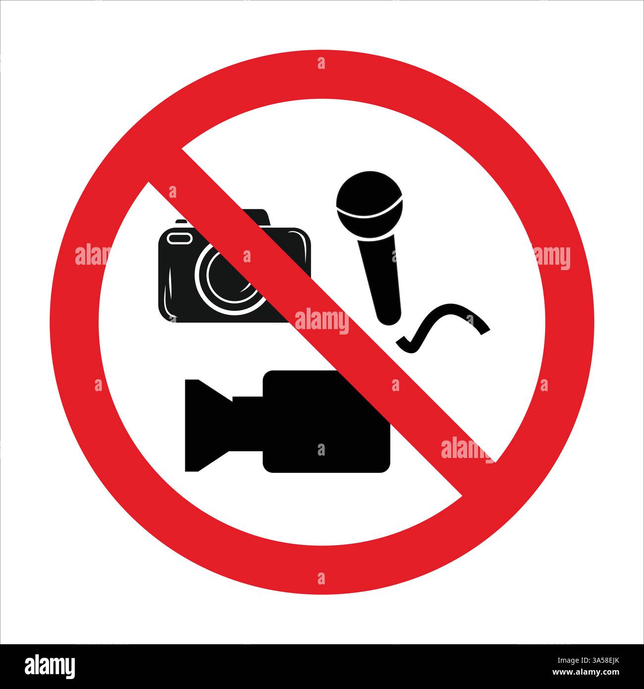 Rotes Verbotsschild mit durchgestrichener Kamera, Mikrofon und Videokamera, das anzeigt, dass keine Aufnahme erlaubt ist Stock Vektor