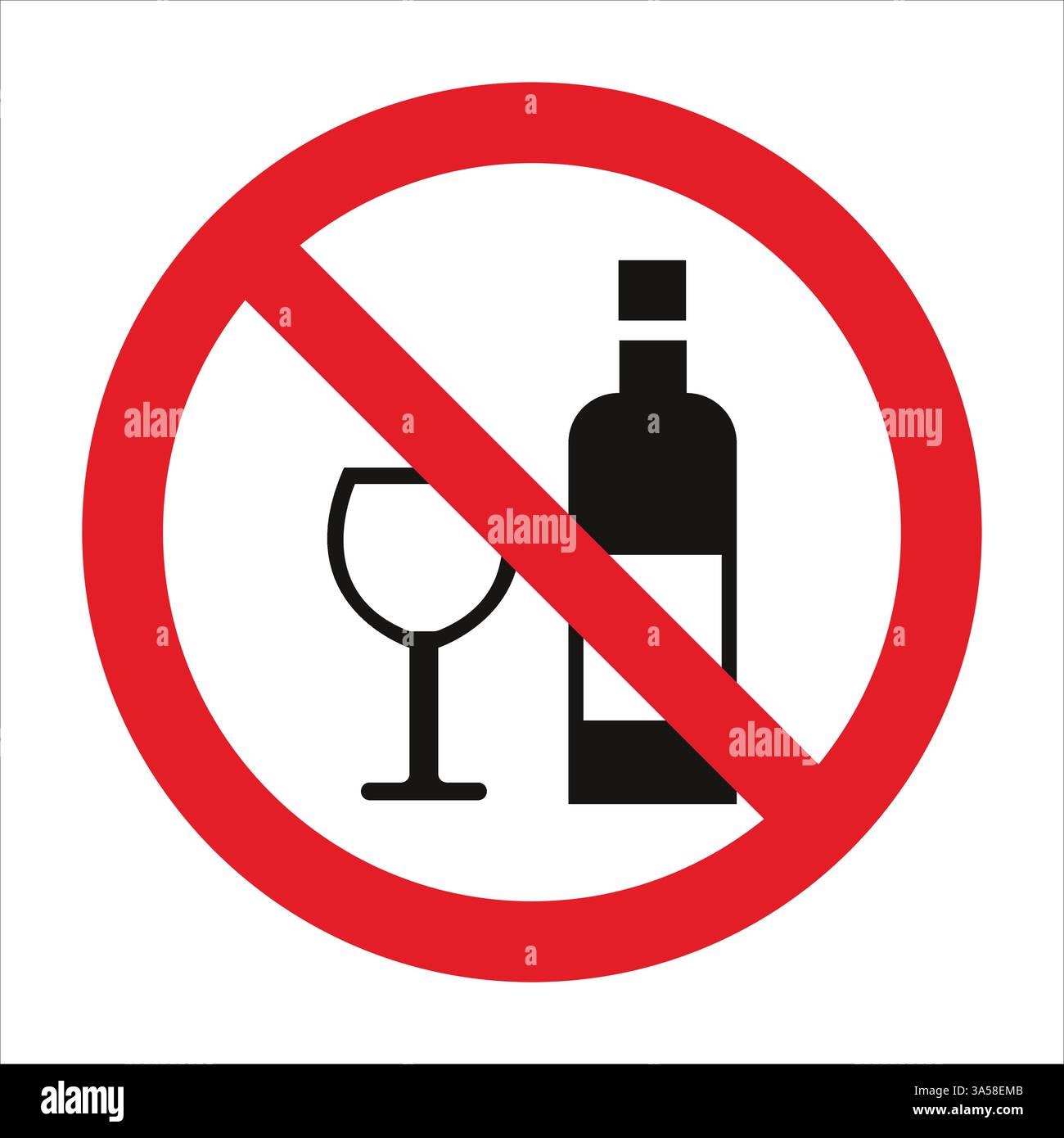 Rotes Verbotsschild, das eine Flasche und ein Glas überkreuzt, symbolisiert, dass kein Alkohol erlaubt ist Stock Vektor