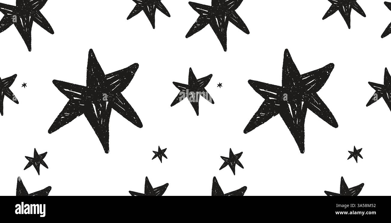 Nahtloses Muster mit strukturierten Doodle-Sternen. Pinsel mit Buntstift. Handgezeichnete pastellfarbene Textur. Schule Grunge Vektor Design. Stock Vektor