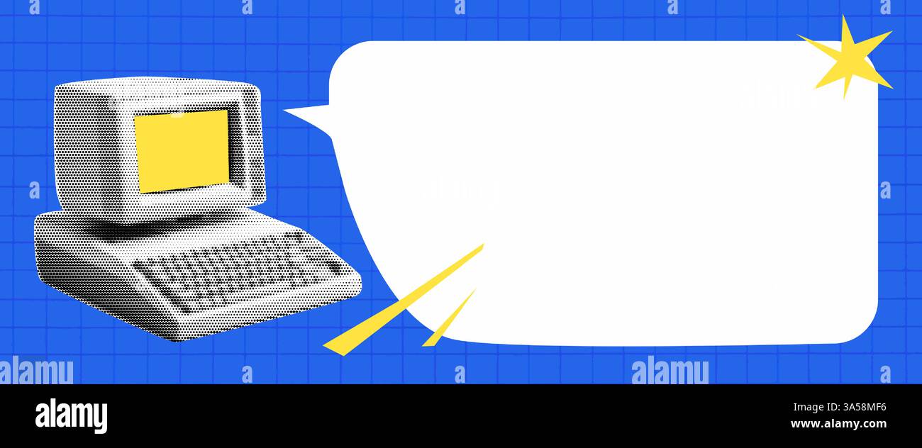 Retro-Computerbanner für E-Mail-Newsletter. Ihnen wurde eine E-Mail geschickt. Vektor-Pop-Art-Collage für Buchstaben mit Sprechblase für Text. Stock Vektor