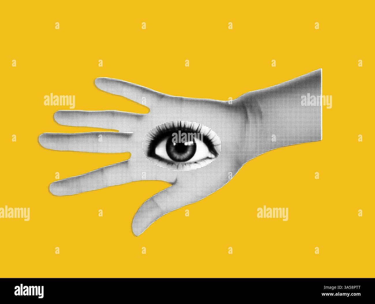 Zwei Hände mit einem Auge auf sie. Isoliertes Element für Collage auf violettem Hintergrund. Psychedelischer Pop-Art-Stil. Trendige Vektor-Illustration. Stock Vektor