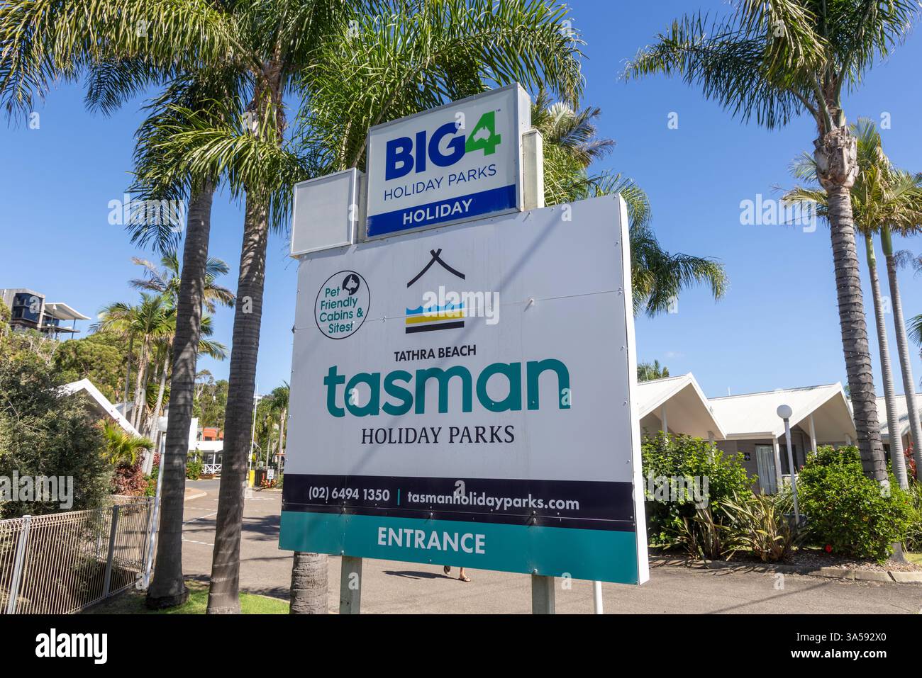 Big 4 Holiday Park am Tathra Beach an der Südküste von New South Wales, Caravan Park, Zelte und Hüttenaufenthalte für Urlauber, Australien Stockfoto