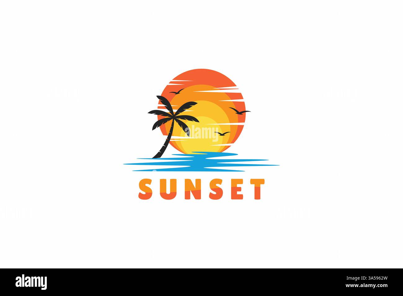 Logo Sunset Beach mit Silhouette Palme abstrakte Illustration Stock Vektor