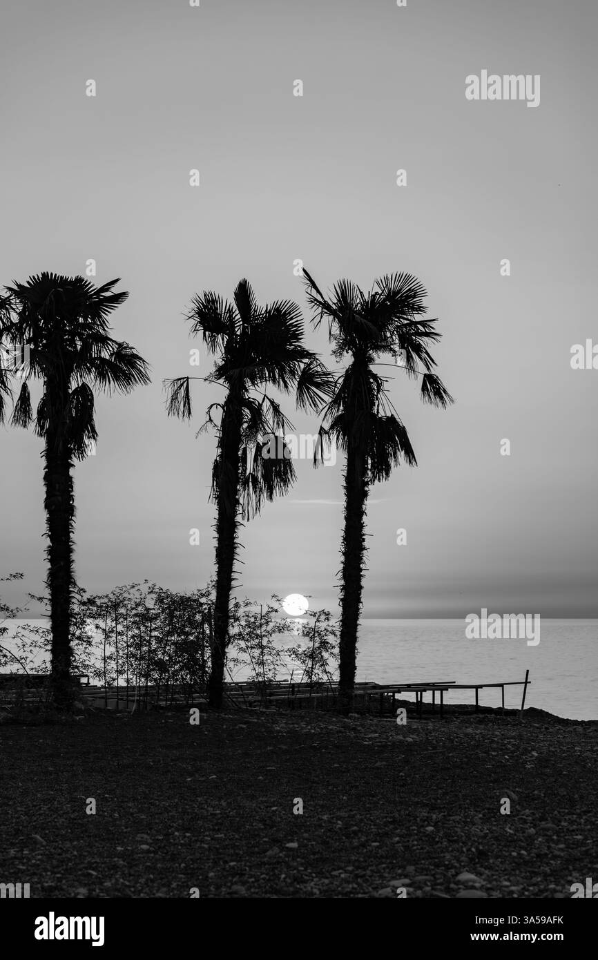 Ruhige Sonnenuntergangsszene am Strand von Batumi, der Schwarzmeerküste, Gerogia. Batumi zieht Besucher mit seinem subtropischen Klima und seinen Attraktionen an. Stockfoto