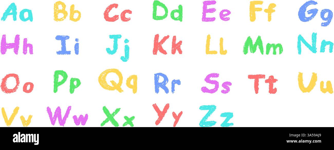 Buntes englisches Alphabet, handgezeichnet in einem Buntstift. Großbuchstaben und Kleinbuchstaben in Kreide, Pastellfarben oder Wachs. Textmarker-Effekt an Bord für Stock Vektor