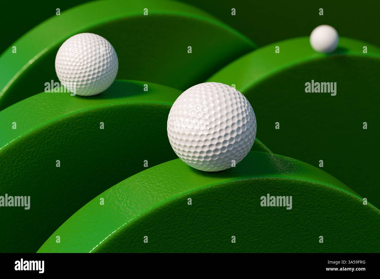 Golfbälle auf einer grünen Oberfläche, die eine lebendige Umgebung bieten. 3D-Rendering Stockfoto