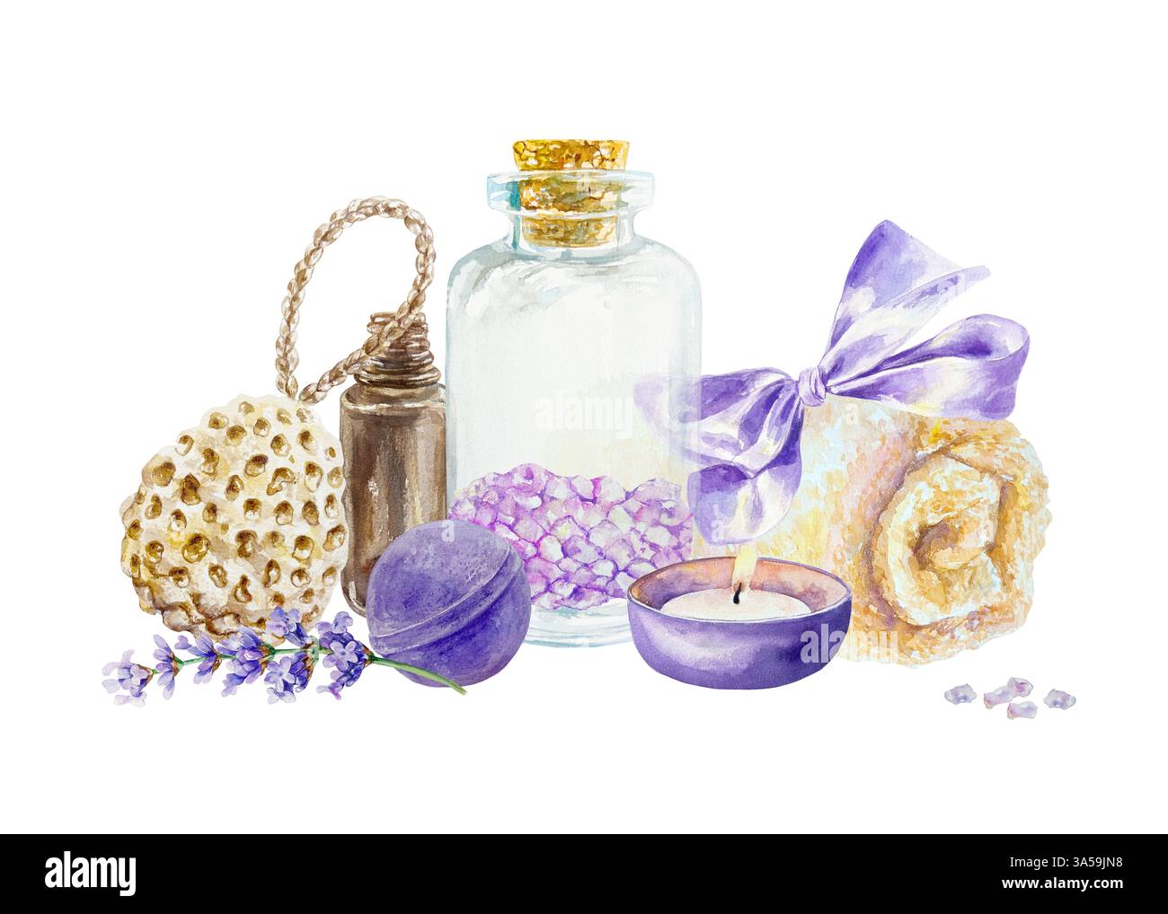 Lavendel Relax. Badesalz, Handtuch, Kerze, Massageöl, Luffa, Blütenzweig. Handgezeichnete Aquarellillustration isoliert auf weiß. Für Karten Stockfoto