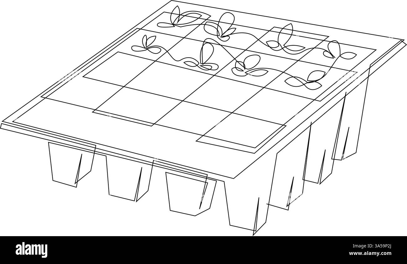 Junge Sprossen, die in Plastiktöpfen wachsen, Kassette durchgehende einzeilige Kunst. Gesunde Lebensmittelproduktion, Vektordesign durch eine Linie gezeichnet Stock Vektor