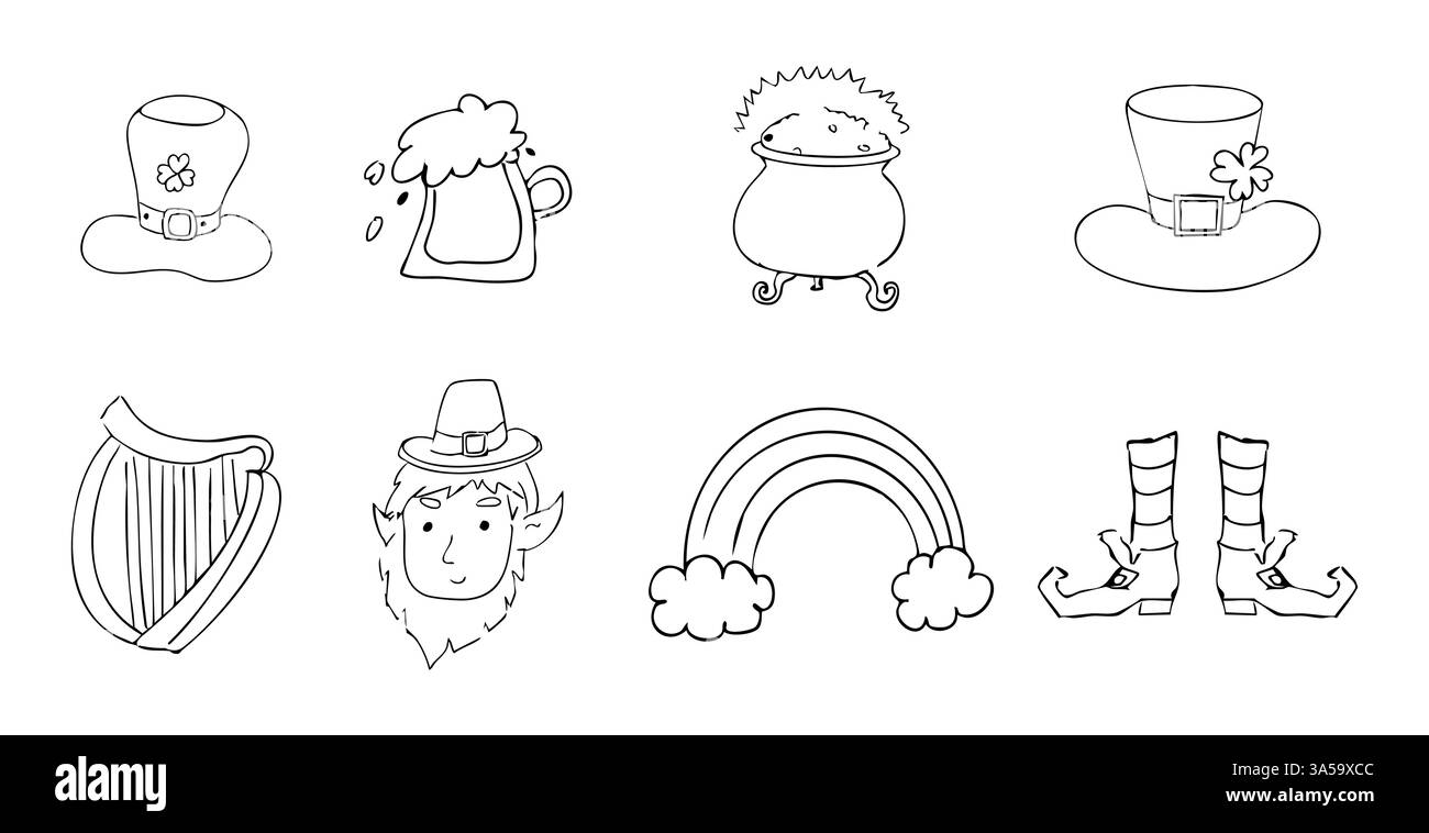 Saint Patrick Day Elements Dekorationen mit Doodle Set Linie traditionelle Dekorationen. Regenbogen, Harfe, Münzen und Glückskreuz. Vektorabbildung Stock Vektor