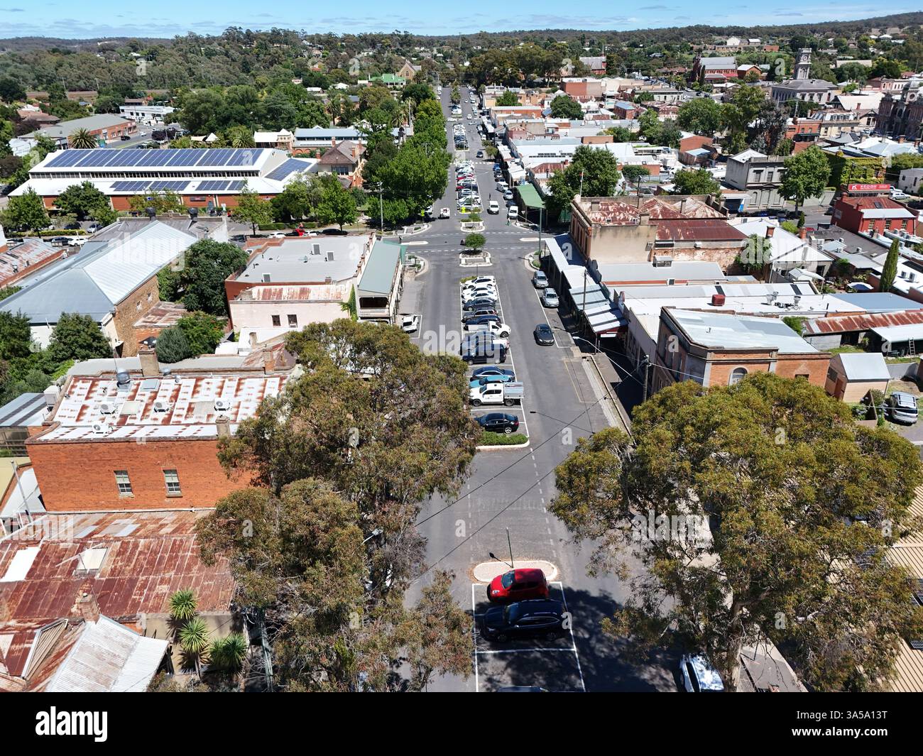 Luftaufnahme des Stadtzentrums von Castlemaine, Victoria Australien Stockfoto