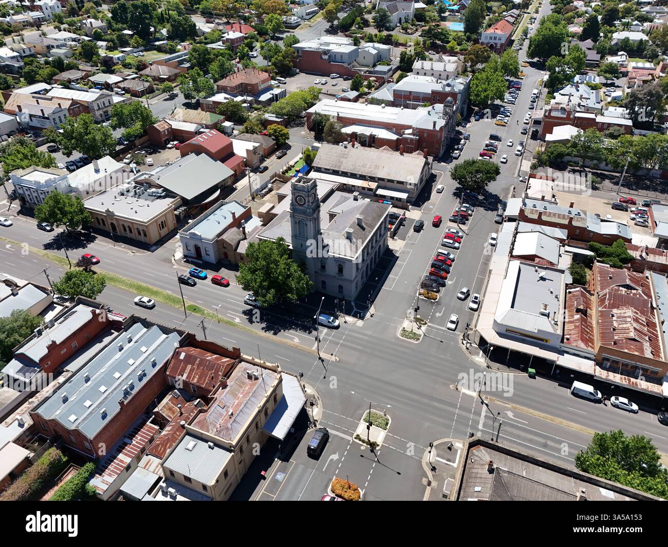 Luftaufnahme des Stadtzentrums von Castlemaine, Victoria Australien Stockfoto