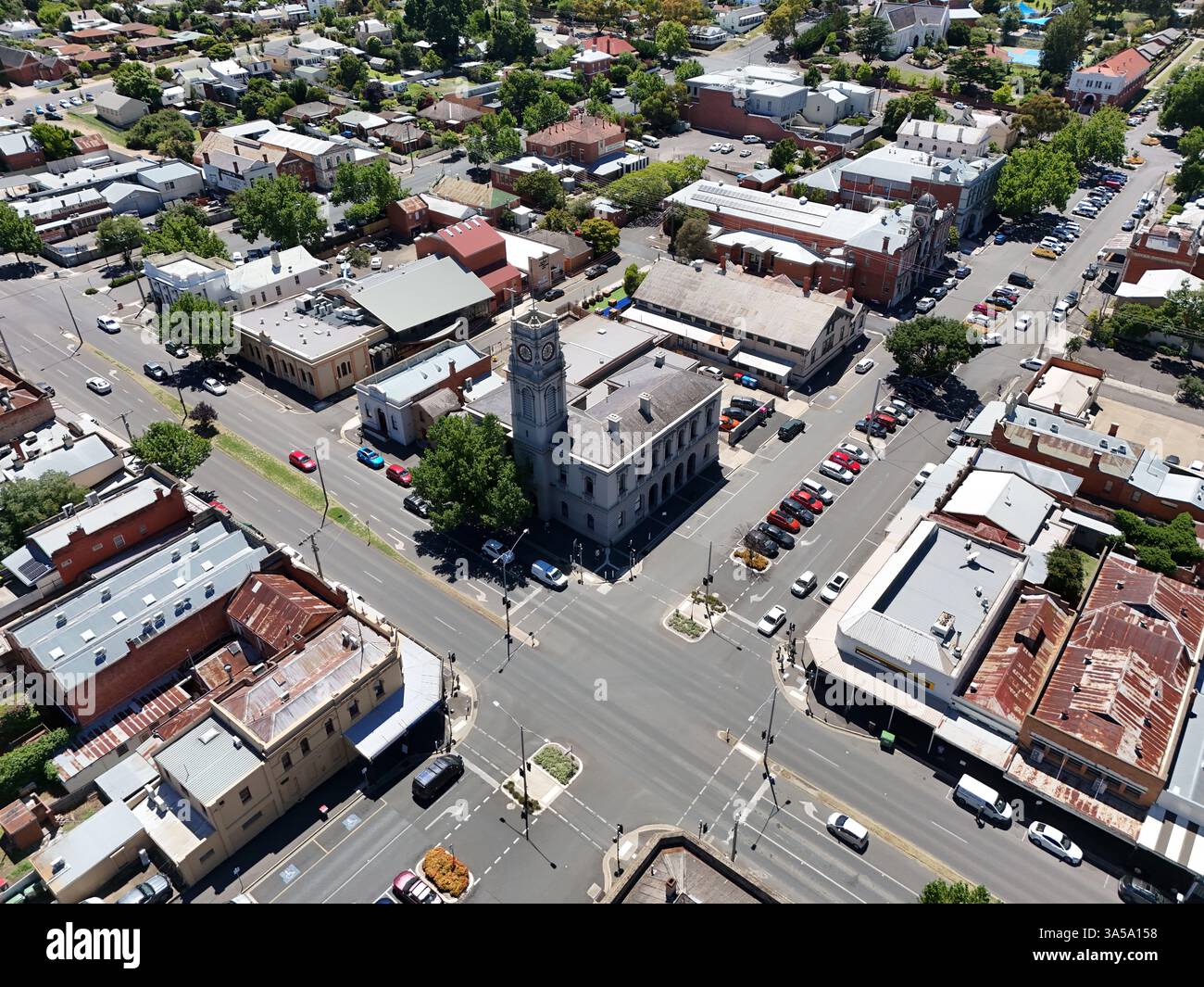 Luftaufnahme des Stadtzentrums von Castlemaine, Victoria Australien Stockfoto