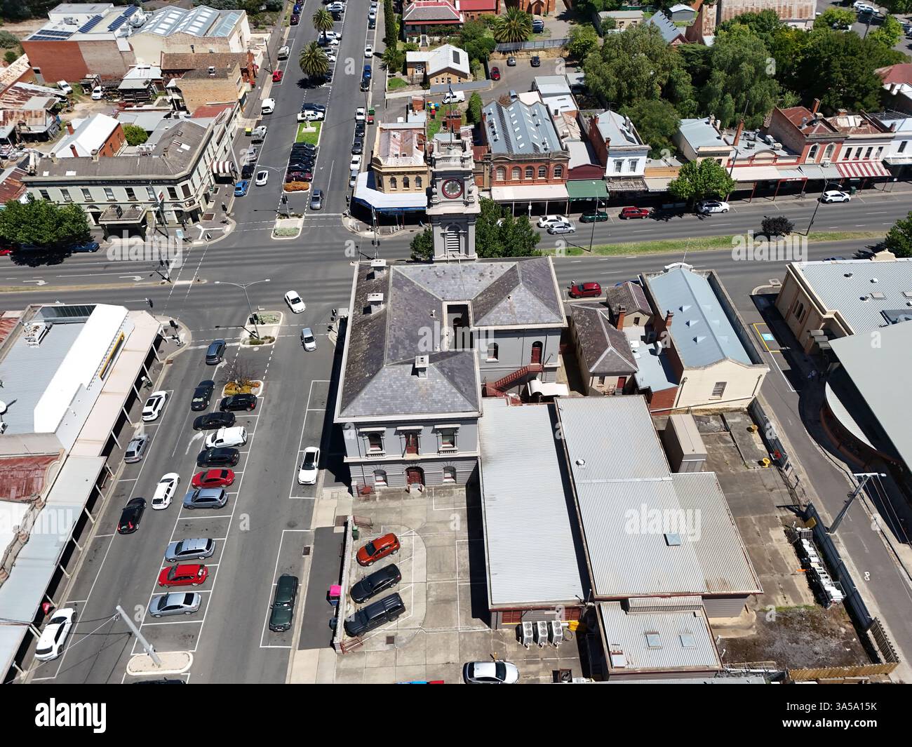 Luftaufnahme des Stadtzentrums von Castlemaine, Victoria Australien Stockfoto