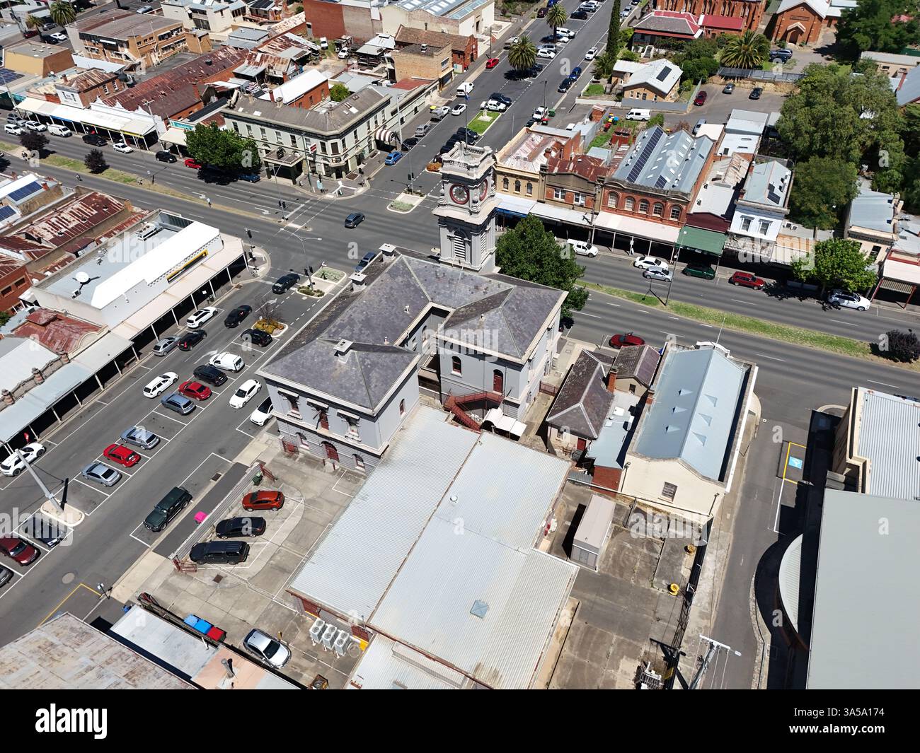 Luftaufnahme des Stadtzentrums von Castlemaine, Victoria Australien Stockfoto