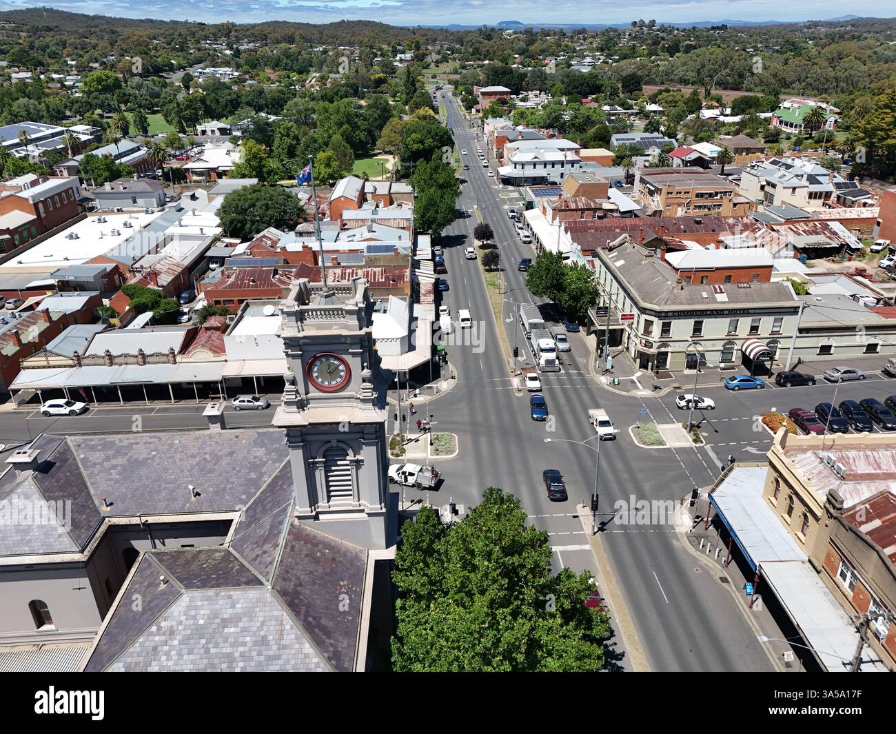 Luftaufnahme des Stadtzentrums von Castlemaine, Victoria Australien Stockfoto