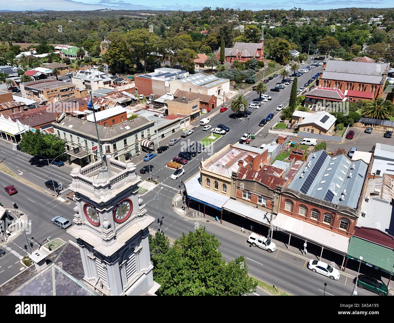 Luftaufnahme des Stadtzentrums von Castlemaine, Victoria Australien Stockfoto