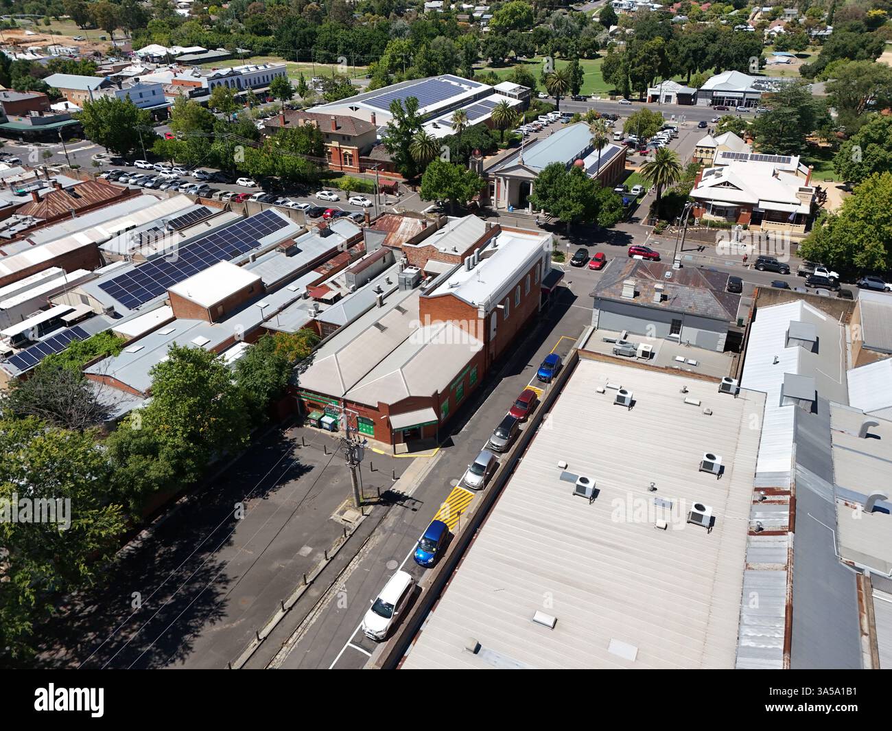 Luftaufnahme des Stadtzentrums von Castlemaine, Victoria Australien Stockfoto