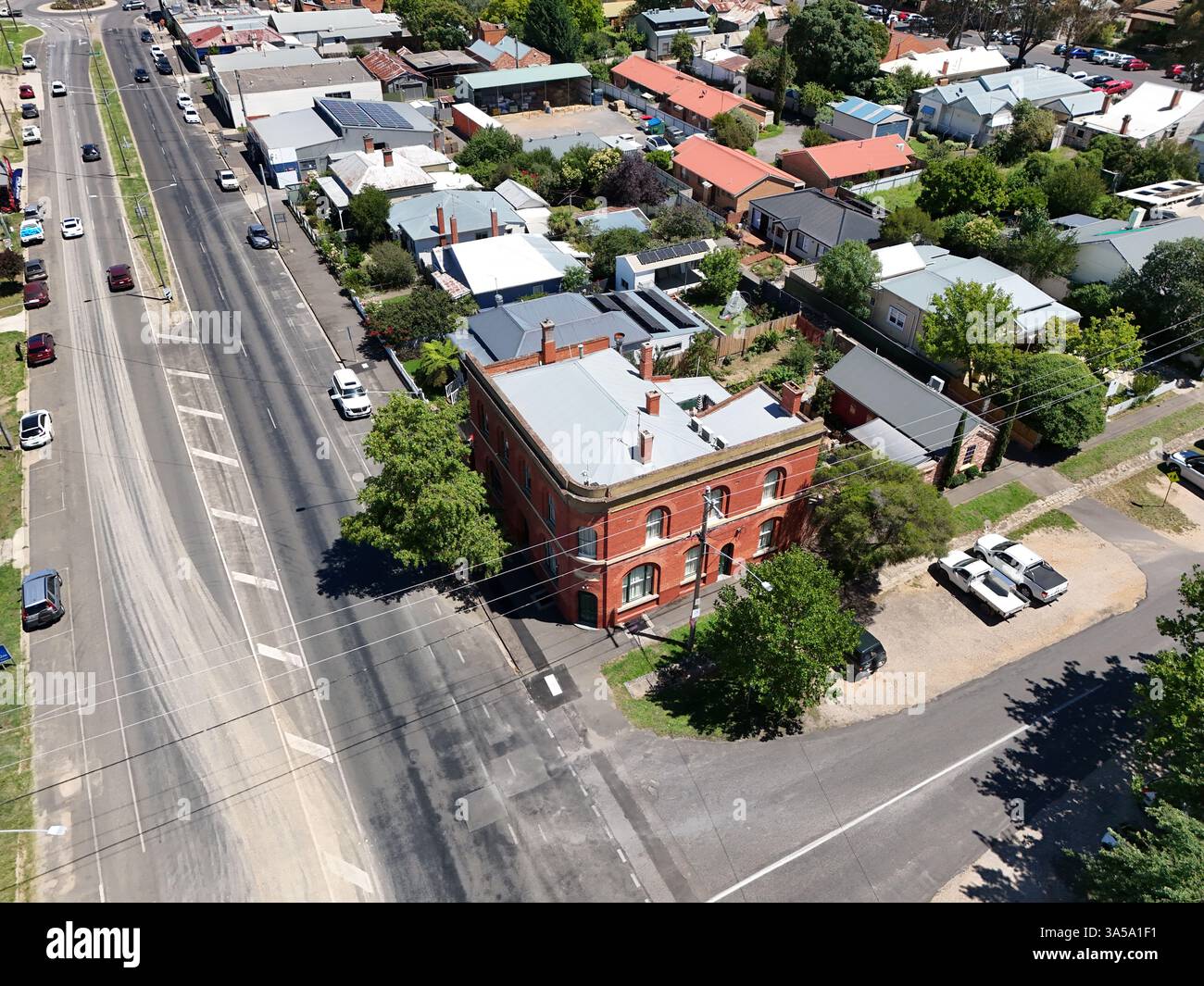 Luftaufnahme des Stadtzentrums von Castlemaine, Victoria Australien Stockfoto
