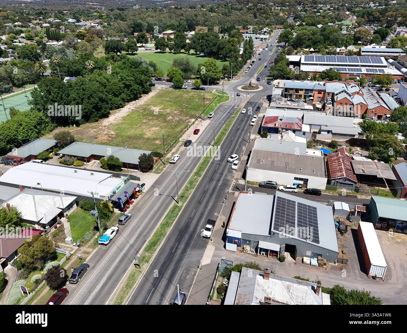 Luftaufnahme des Stadtzentrums von Castlemaine, Victoria Australien Stockfoto