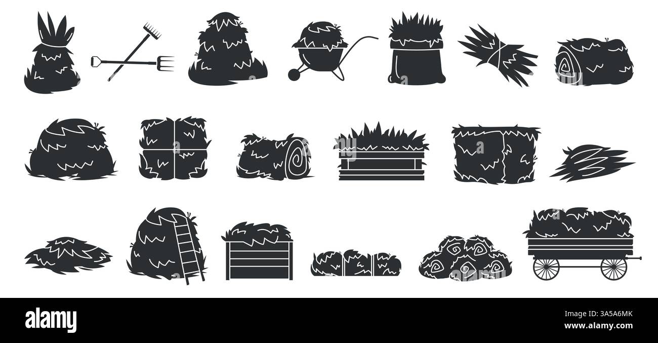 Symbol für schwarzes Heu. Strohballen, getrocknete Grashalden und Heuhaufen-Silhouettensymbole, Elemente der landwirtschaftlichen Heuernte. Vektor-isolierter Satz Stock Vektor