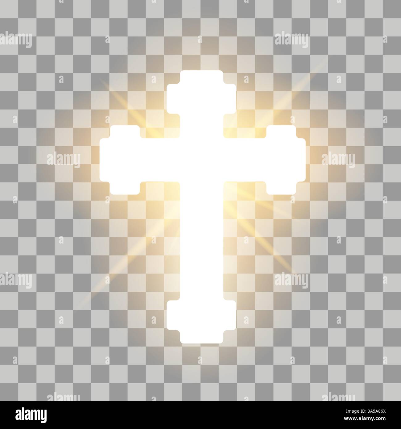 Glänzendes Kreuz. Christliche Kreuze mit Lichtstrahlen heilige religiöse Hoffnung, Glaubenssymbol auf transparentem Hintergrund, weiße katholische Kirche-Ikone. Vektor Stock Vektor