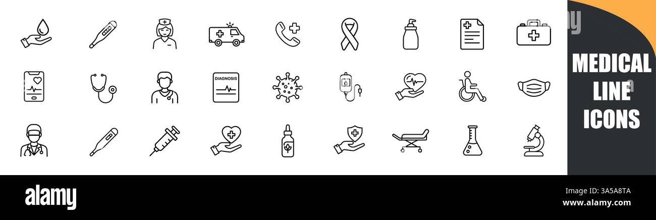 Medizin- und Gesundheitssymbole - Minimaler dünner Web-Symbolsatz. Symbolsammlung der Modellstruktur. Einfache Vektordarstellung. Stock Vektor