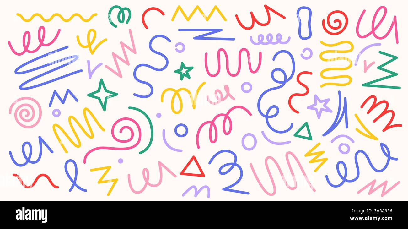 Konfetti farbenfrohe Linien. Kinderfeierungshintergrund mit abstraktem minimalem geometrischem Konfetti und grafischem Design mit dekorativen Elementen für den Kindergeburtstag Stock Vektor