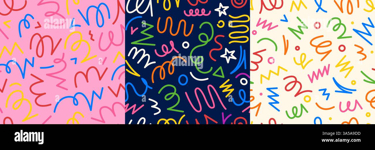 Konfetti-Linienmuster. Nahtloser Kindergeburtshintergrund, farbenfroher Druck von Scribble geometrischen Formen, abstrakter kindlicher Party Geschenkpapier Druck Stock Vektor