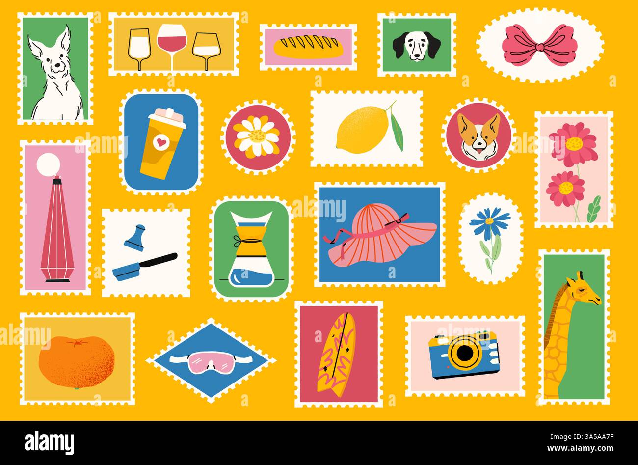 Sommerreisestempel. Cartoon Urlaub Postkartenmarken, niedliche Retro-Touristenbriefetiketten mit Doodle Hundelblumen und Getränken. Vektorpost Stock Vektor