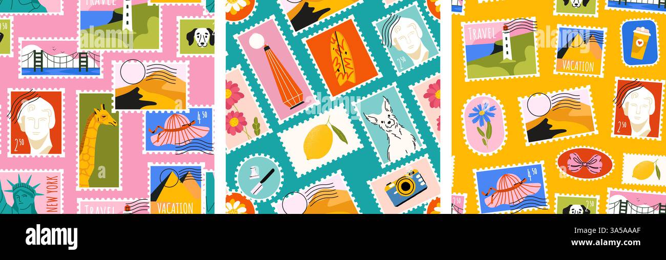 Sommerstempelmuster. Nahtlose Postaufkleber für Reisen, Druck des Retro-Postzeichens mit Zeichentricksymbolen, touristisches Postaufkleber. Vektor Stock Vektor
