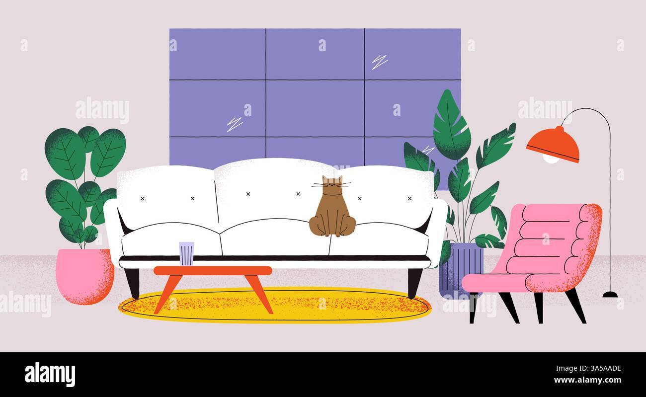Moderne Sofaausstattung. Gemütliches Heim-Zimmer mit Couch Sessel, Tischlampe und Katze, Cartoon-Wohnbereich mit komfortablen Möbeln, minimalistisches Apartment Stock Vektor