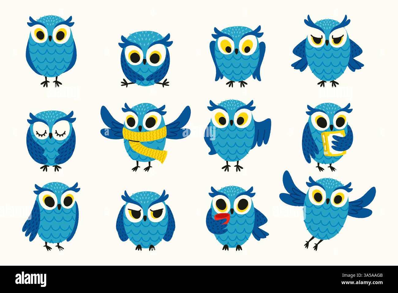 Niedlicher Eulencharakter. Cartoon einfacher lustiger Nachtvogel mit verschiedenen Emotionen, Comic kindish Eulen Maskottchen Flat Style. Vector Birds isoliert Set Stock Vektor