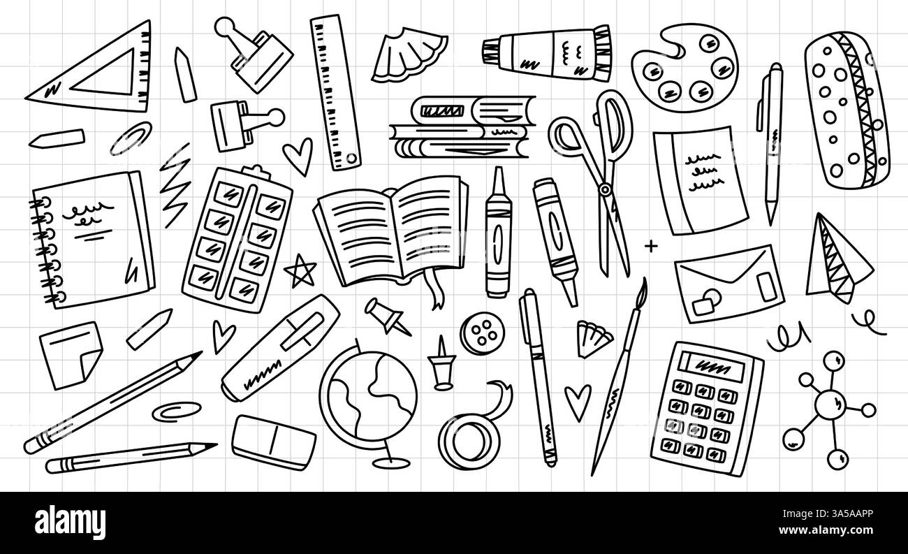 Kritzele die Schulfigur. Studieren Sie Schreibwaren, Werkzeuge und Zubehör für Zeichentrickfilme, Notizbuch für Kinder, Bleistiftlineal Bücher, Grundschule und Stock Vektor
