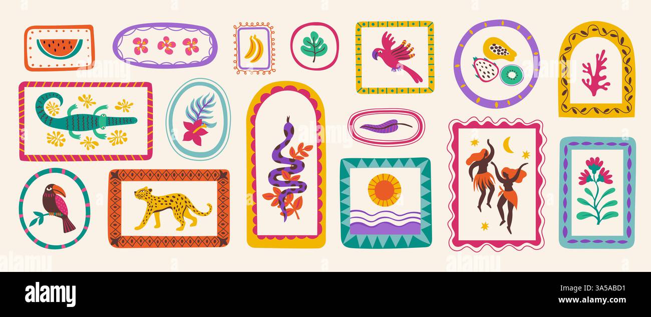 Abstrakte hawaiianische Sommerformen. Vintage Blumen, Früchte und Blätter Mosaik, Zeichentrick tropische Tiere und Menschen, Stämme bunte ethnische Collage Stil Stock Vektor