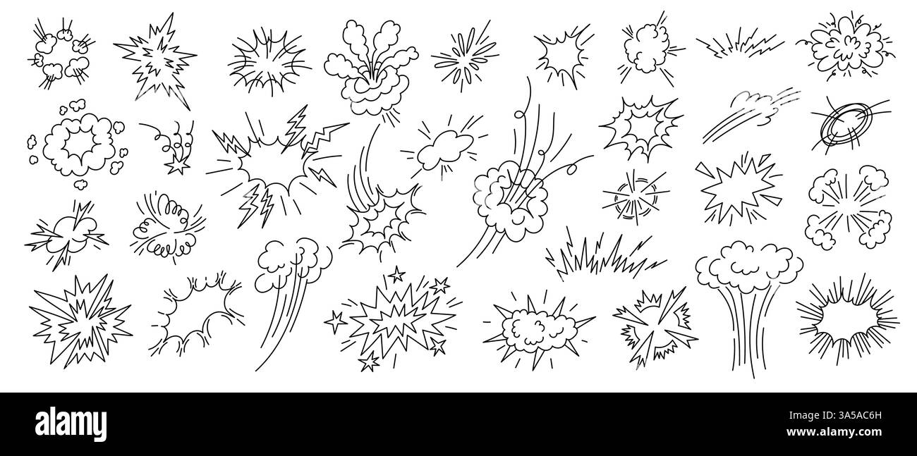 Doodle-Explosion-Effekt. Comic Impact und Speed Line Energy Blast und Power Pop Game Asset, Manga Fire Smoke und Crash Pop Action. Handgezeichneter Vektor Stock Vektor