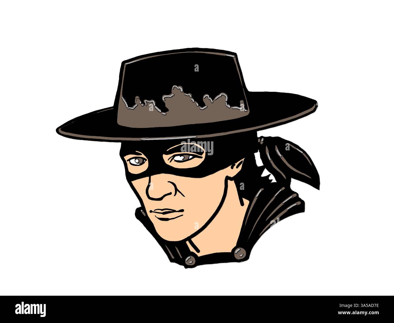 Illustration von Kunstcartoons, maskierter Selbstjustizler im Stil von Buchstummfilmen wie Zorro & El Coyote, die Sombrero cordobés tragen, in Schwarz gekleidet Stockfoto