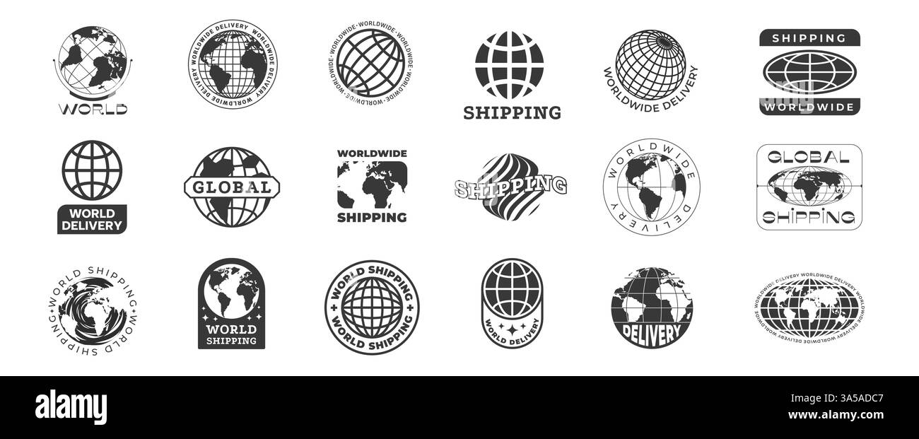 Weltweites Versandlogo. Weltweites Schild mit abstrakter Planetenkarte, Symbol für internationale Postsendungen, flacher linearer Stil. Vektor Stock Vektor