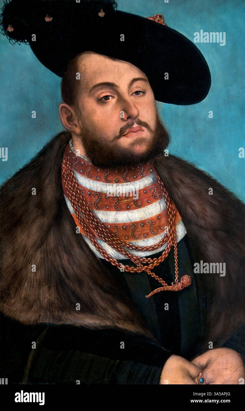 Friedrich I. der Weise ( Johannes Friedrich der Großmütige ) 1503-1554 Lucas Cranach l der ältere 1472–1553 Deutsches Kunstmuseum Paris. ( Johannes Friedrich I. (1503–1554), auch bekannt als Johannes Friedrich der Großmütige, war von 1532 bis 1547 Kurfürst von Sachsen. Er war ein treuer Unterstützer der Reformation und einer der wichtigsten Führer des Schmalkaldischen Bundes, einem Militärbündnis protestantischer Fürsten und Städte im Heiligen Römischen Reich. Seine Konflikte mit Kaiser Karl V führten schließlich zu seiner Absetzung und dem Verlust des Territoriums ) Stockfoto