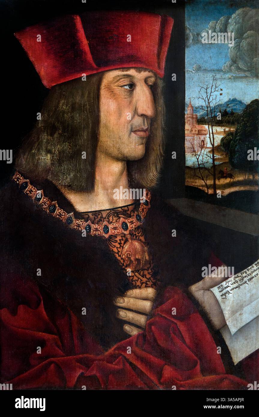 Kaiser Maximilian I 1459-1519 von Bernhard Strigel 1460 - 1528 Deutschland, Kunstmuseum Paris. Maximilian I. (1459–1519) war eine bedeutende Persönlichkeit in der europäischen Geschichte und diente von 1493 bis zu seinem Tod 1519 als Kaiser des Heiligen Römischen Reiches. Er ist bekannt für seine strategischen politischen und militärischen Bemühungen, insbesondere für seinen geschickten Einsatz von Ehebündnissen zur Ausweitung des Habsburgereinflusses und seine Bemühungen zur Reform des Heiligen Römischen Reiches. Stockfoto