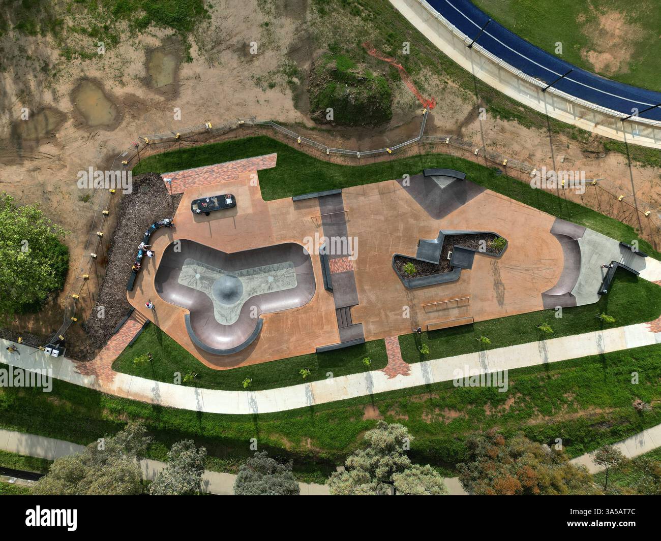 Blick aus der Vogelperspektive auf Ewing Park Skatepark, Skateboarding Park bendigo Stockfoto Blick aus der Vogelperspektive auf Ewing Park Skatepark, Skateboarding Park bendigo Stockfoto