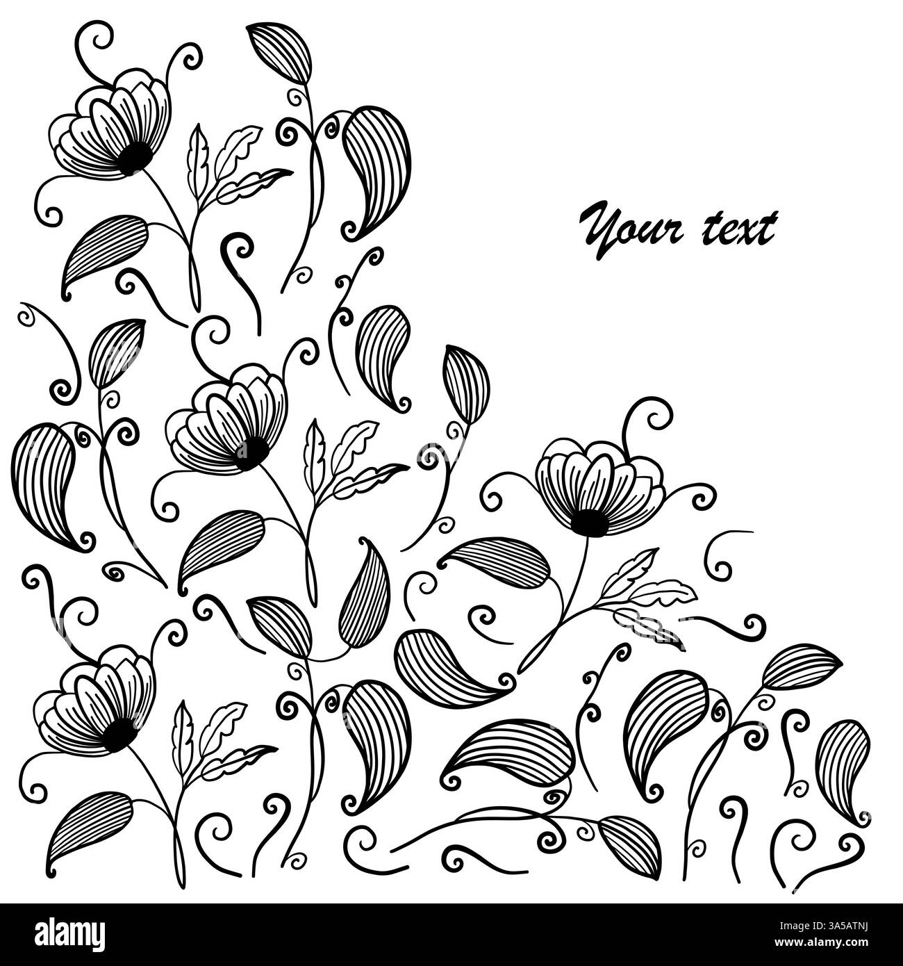 Schöne handgezeichnete schwarze Kunstblume III Stock Vektor