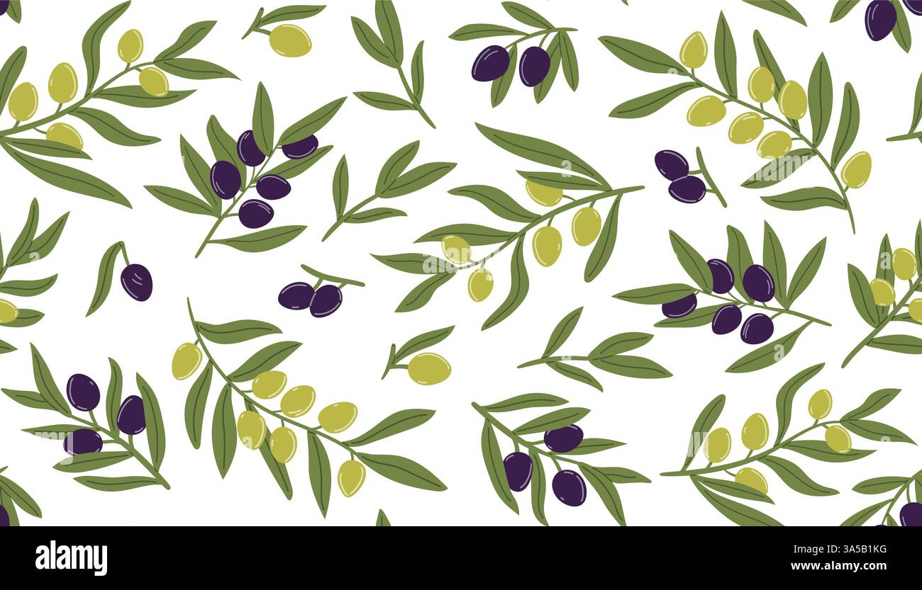 Zweige mit nahtlosem Olivenmuster. Hintergrund olivreifer schwarzer und grüner Früchte. Branding-Konzept für Olivenölunternehmen und kulinarische Dienstleistungen Stock Vektor
