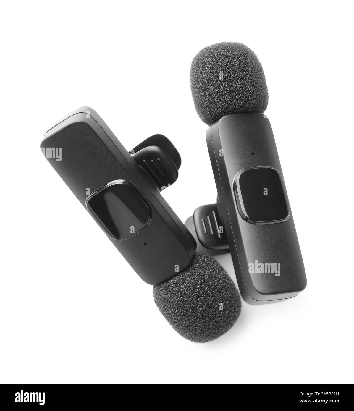 Lavalier-Mikrofone isoliert auf weiß. Audiogeräte Stockfoto