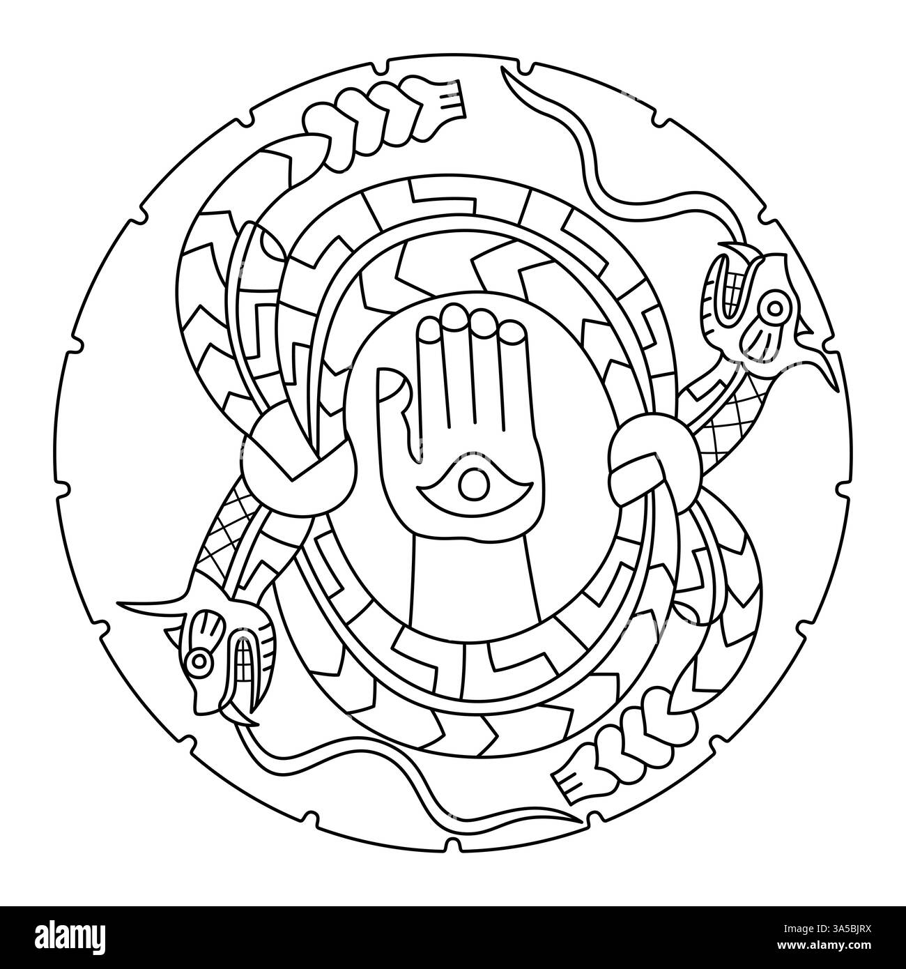 Die Klapperschlange Disk aus Moundville, Alabama. Gravierte zeremonielle Steinpalette mit zwei gehörnten Klapperschlangen und einer heilenden Hand. Stockfoto