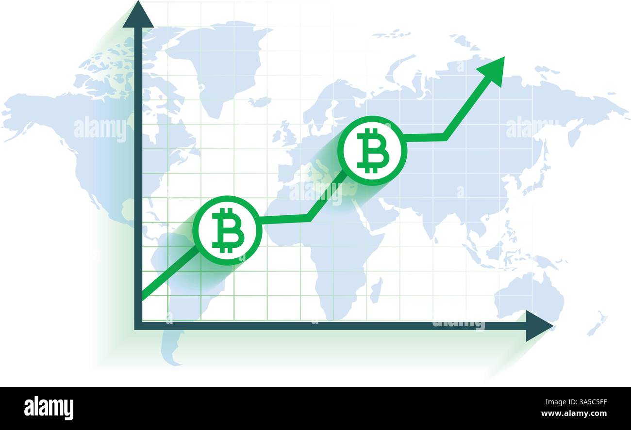 Bitcoin-Symbol auf dem Hintergrundvektor der Weltkarte Stock Vektor