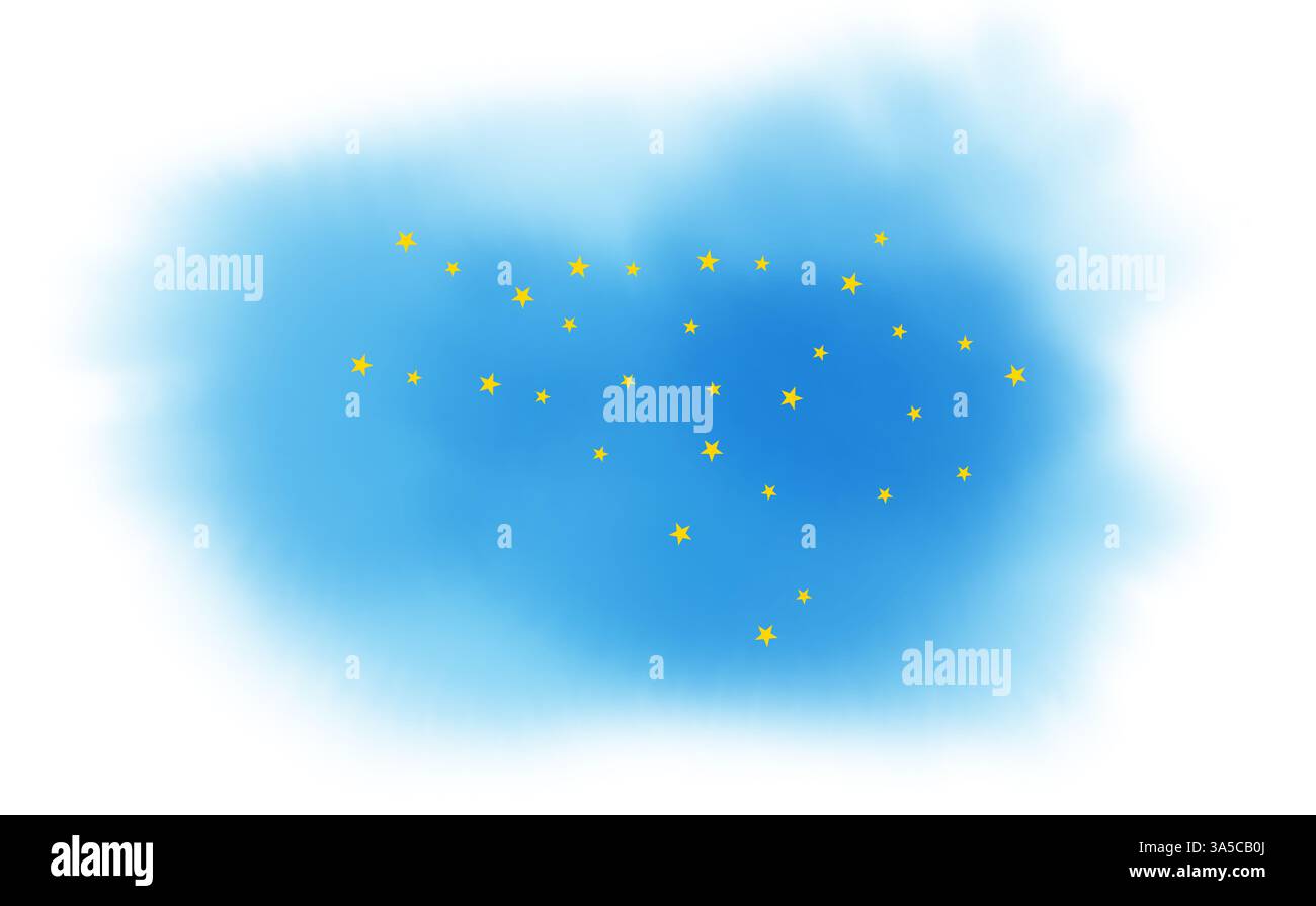Sterne auf blauer Wolke spritzen. Aquarellhintergrund für Kopfzeile, Broschüre, Poster, Karte, Cover oder Webbanner. Stockfoto